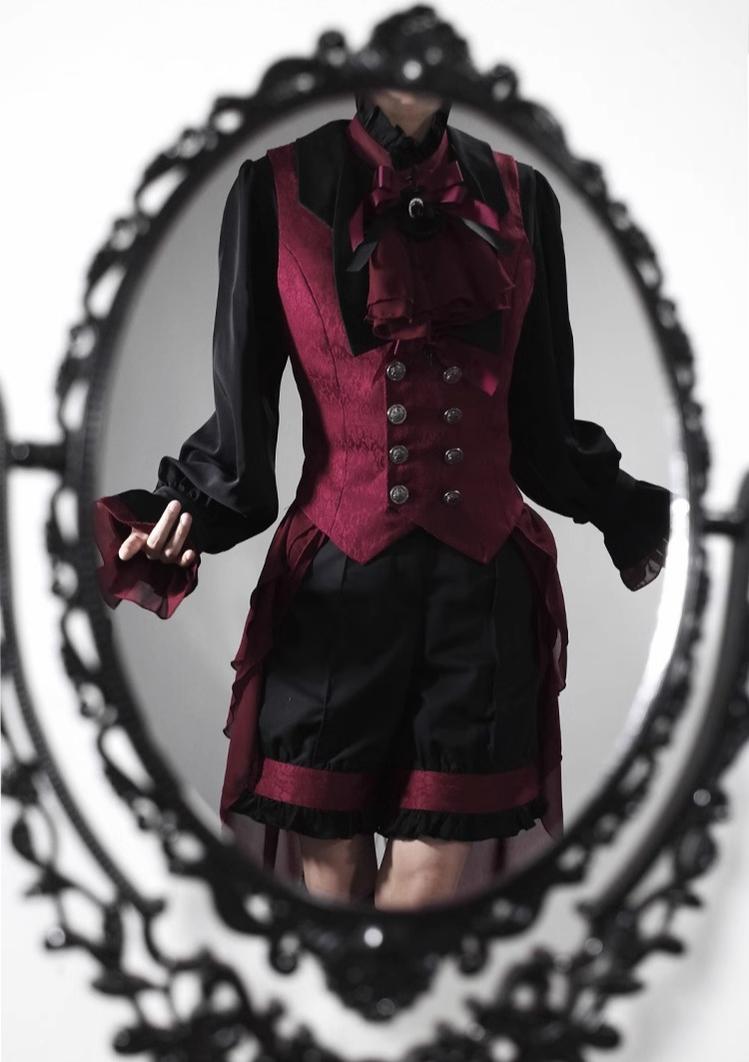 CastleToo - Evil Twins - Ouji Lolita Vest Shorts Skirt Black Red Set One Size Vest + bow tie