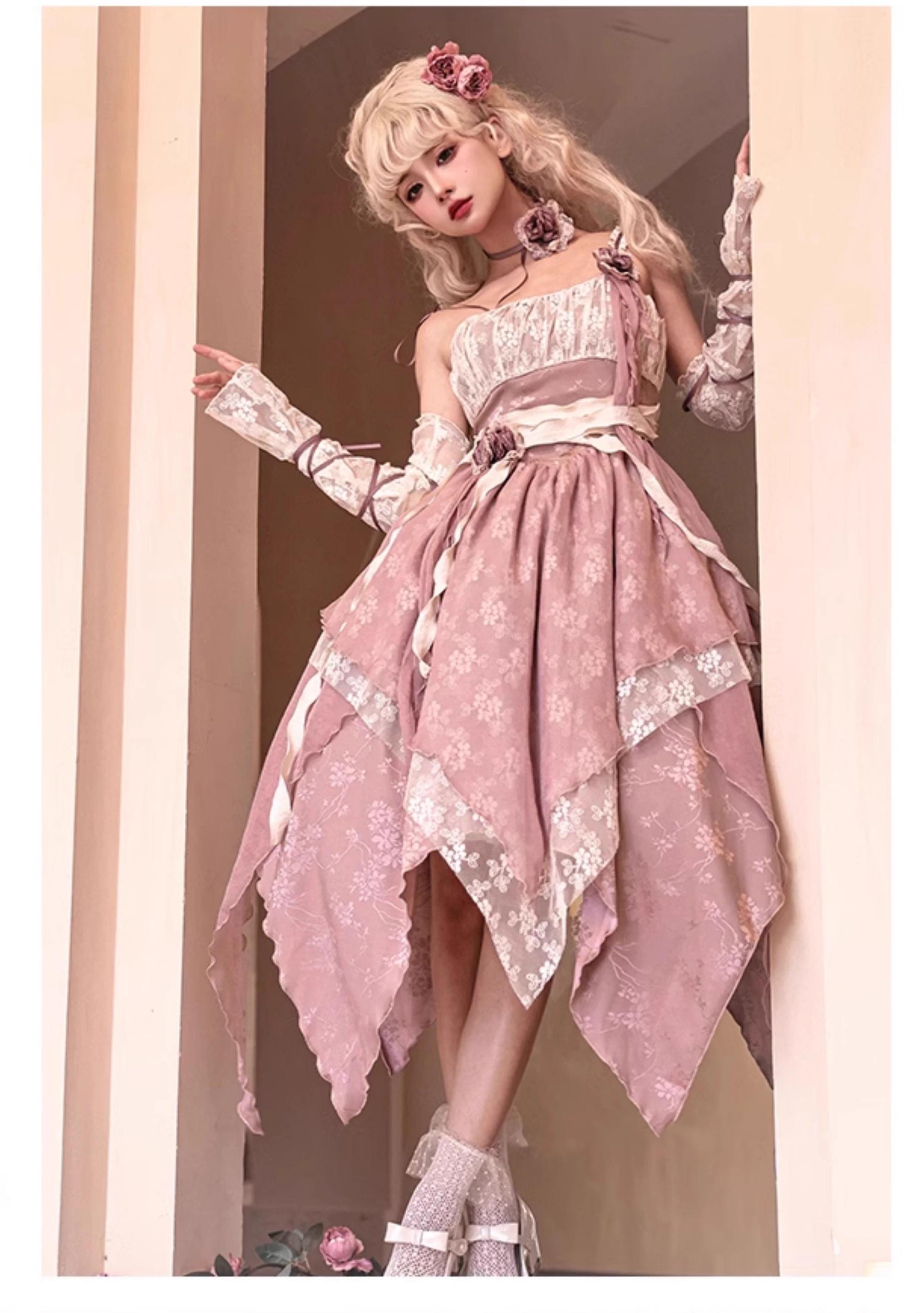 With PUJI - Rose Leaf - Irregular Daily Lolita JSK Dress in Wabi-Sabi Style
