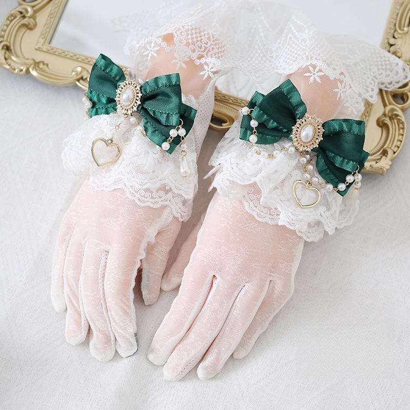 Xiaogui - Vintage Lolita Gloves Lace Bow Bead Chain Sunscreen Gloves dark green