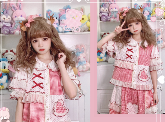 Mori Doll~Peach Tea~Sweet Lolita Dot and Stripe Print Short Sleeve Blouse   