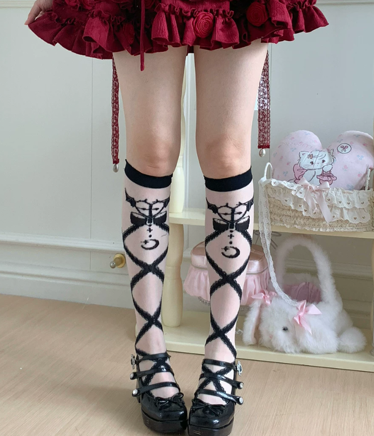 Lolita Cross Printed Socks with Layered Lace Trim Cuff (Black) 45516:852737