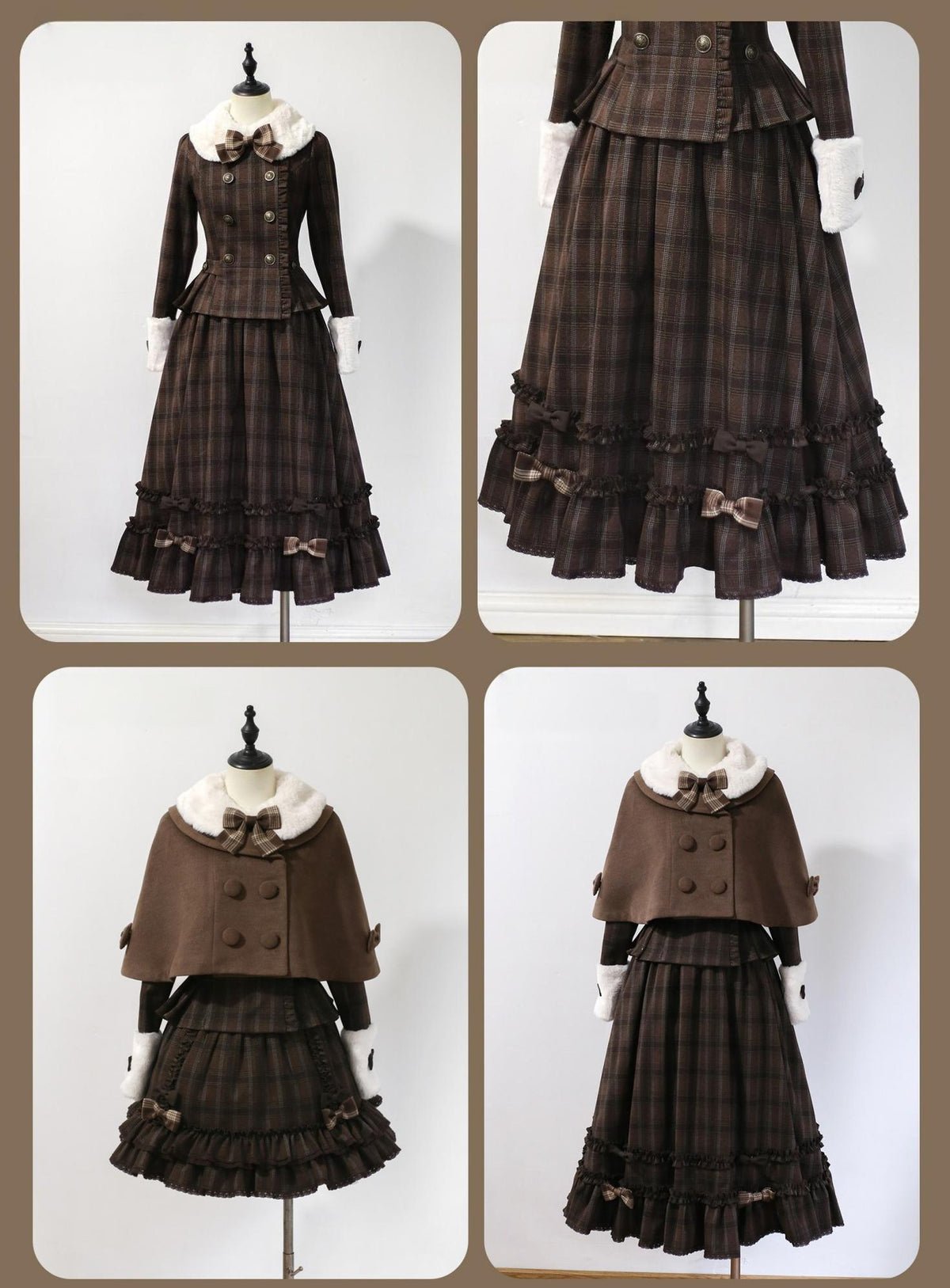 Filled Chocolate - Winter Classic Lolita Plaid Coat Set, Detachable Plush Collar 45900:867176