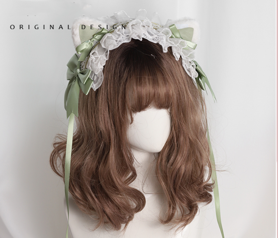 Their Past Decorations - Sweet Lolita Cat Ear Hairband wakakusa Hair Tie
