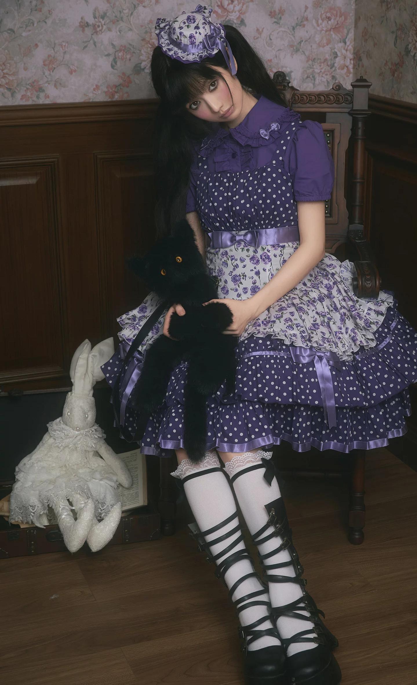 Libobo - Cotton Old School Lolita JSK Dress, Polka Dot & Floral Print 45878:866116