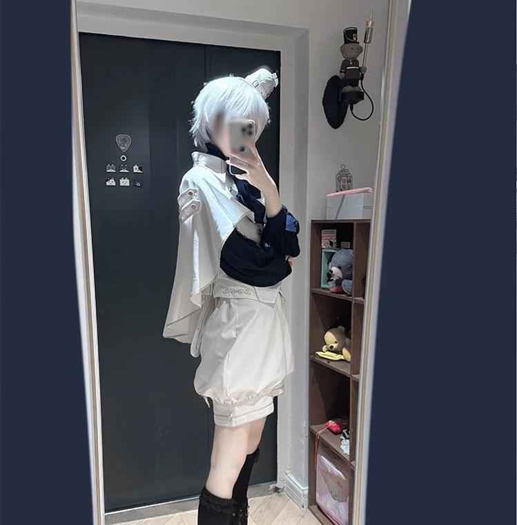 Fallen Holy Star - Ouji Lolita Ruffled Chiffon Blouse & Cape Set, Elastic Shorts 45816:863690