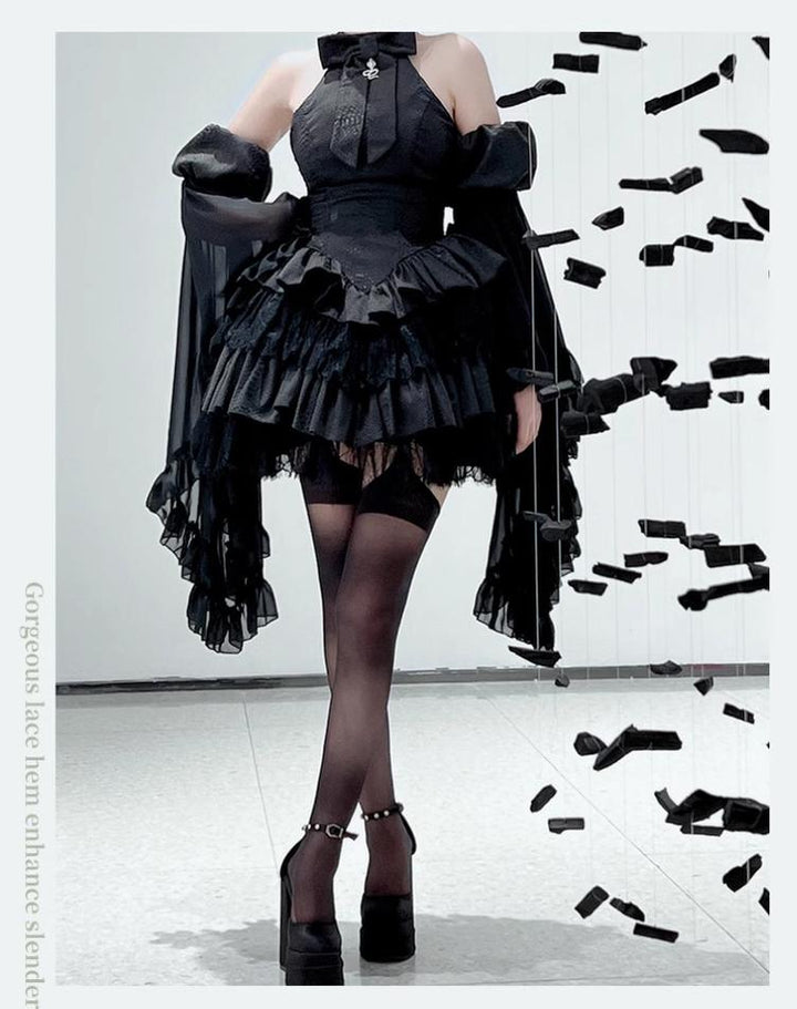 Diamond Honey~Desire Serpent~Gothic Lolita JSK Dress Snake Print Slimming Backless Dress S Black - Arm Sleeves 