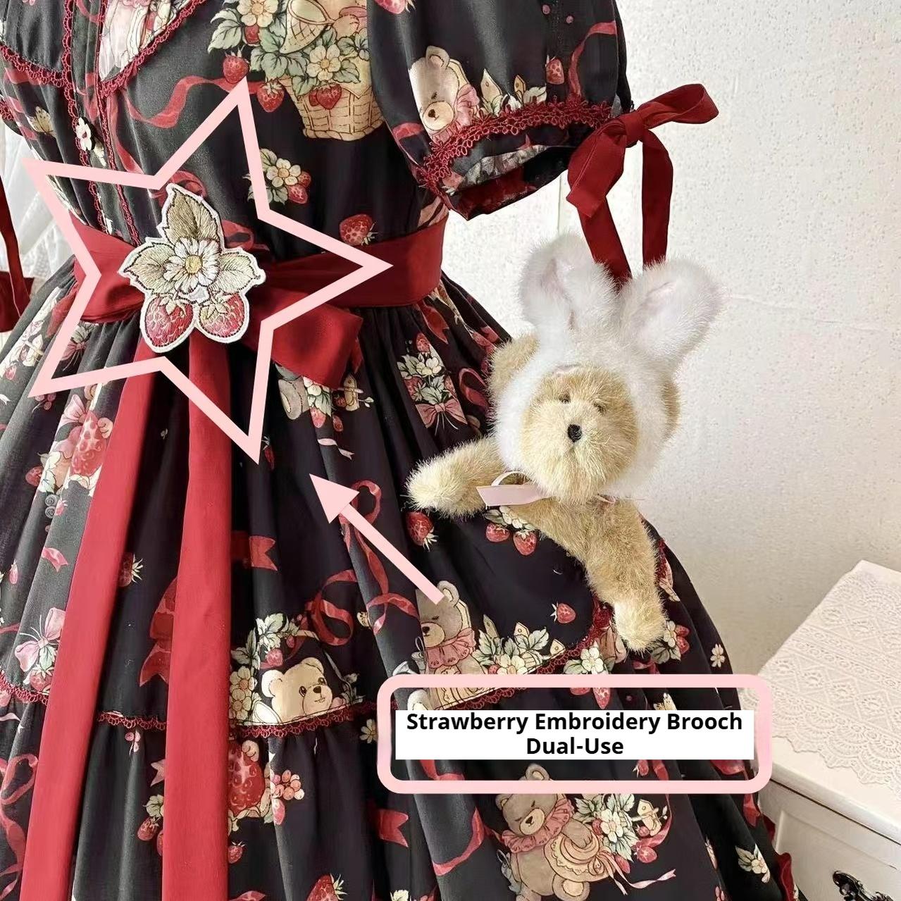 Qianmu - The Bear's Strawberry Field - Daily Lolita OP Dress With Petal Collar & Bear Strawberry Print Strawberry Embroidery Brooch Only (one size / choose M) S