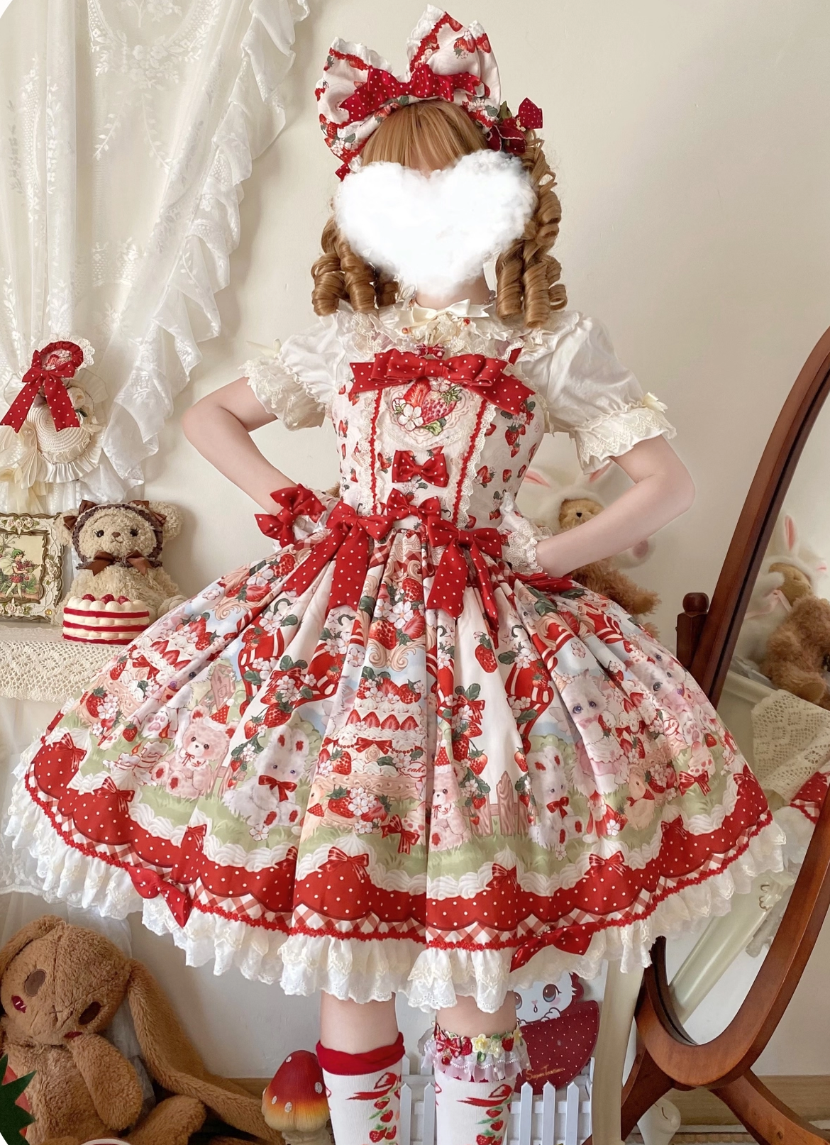 Strawberry Cat - Printed Sweet Lolita JSK Dress, Embroidered Strawberry