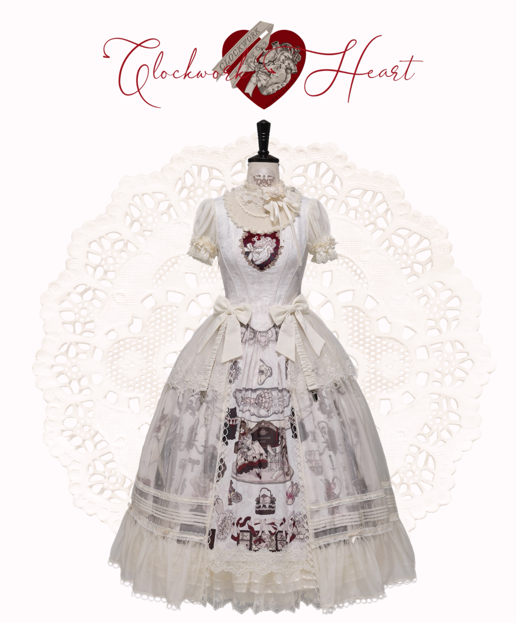 Clockwork Doll - Gothic Lolita Printed Dress, Lace & Bows (0 1 L M S XL) 45186:839338