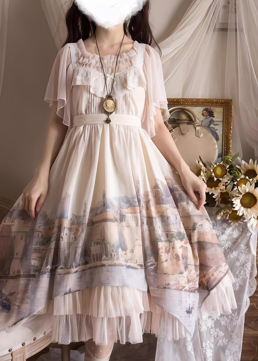 Forest Song - Adriatic - Classic Lolita JSK Chiffon Dress, Gulf City Print