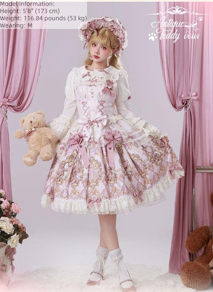 Antique Teddy Bear - Classic Lolita Printed JSK Dress with Ribbon Bows 45538:853331