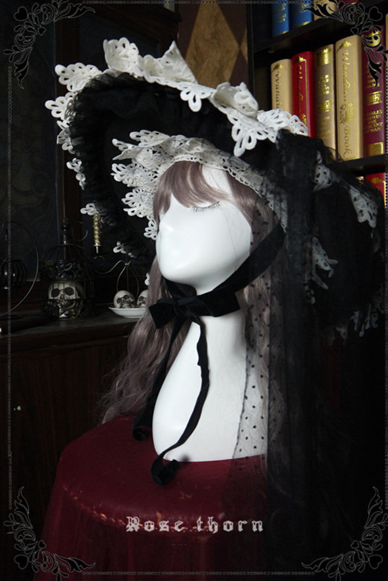Rose Thorn - Marisa Impression Black and White Halloween Witch Hat hat+ double layers veil