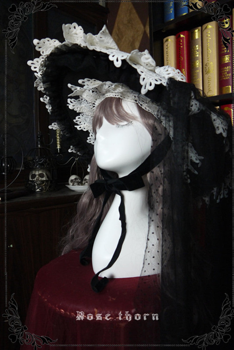(Buyforme)Rose Thorn~Marisa Impression Black and White Halloween Witch Hat hat+ double layers veil  