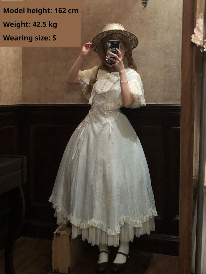 Kuma~Little Wind Chime~Elegant Lolita OP Water Blue Dress With Decorative Tulle Cape