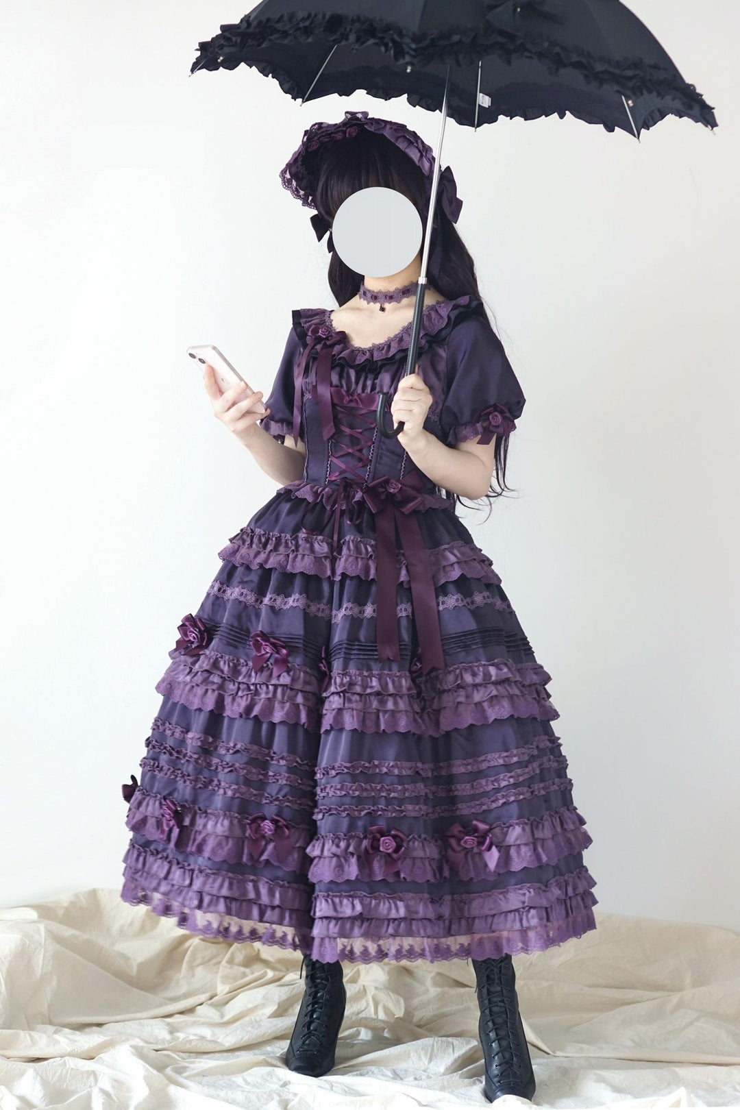 Uncle Wall Original~Stacked Black Currant~Gothic Lolita OP Dark Adjustable Lolita Dress   