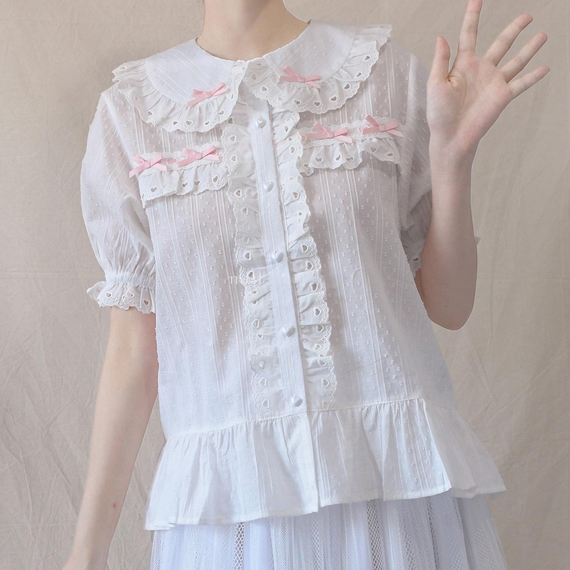 MIST - Cotton Sweet Lolita Blouse, Peter Pan Collar White and Pink S