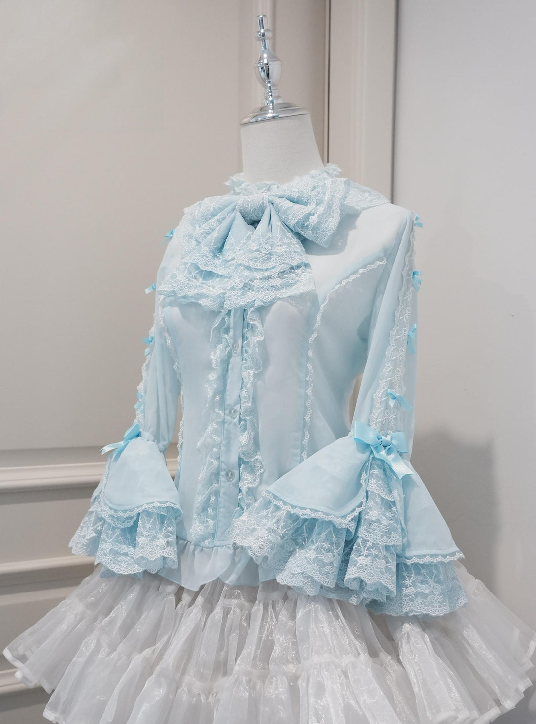 Mengfuzi~Dream Paradise~Chiffon Sweet Lolita Blouse With Half Princess Sleeves Blue Shirt + Bow Tie S