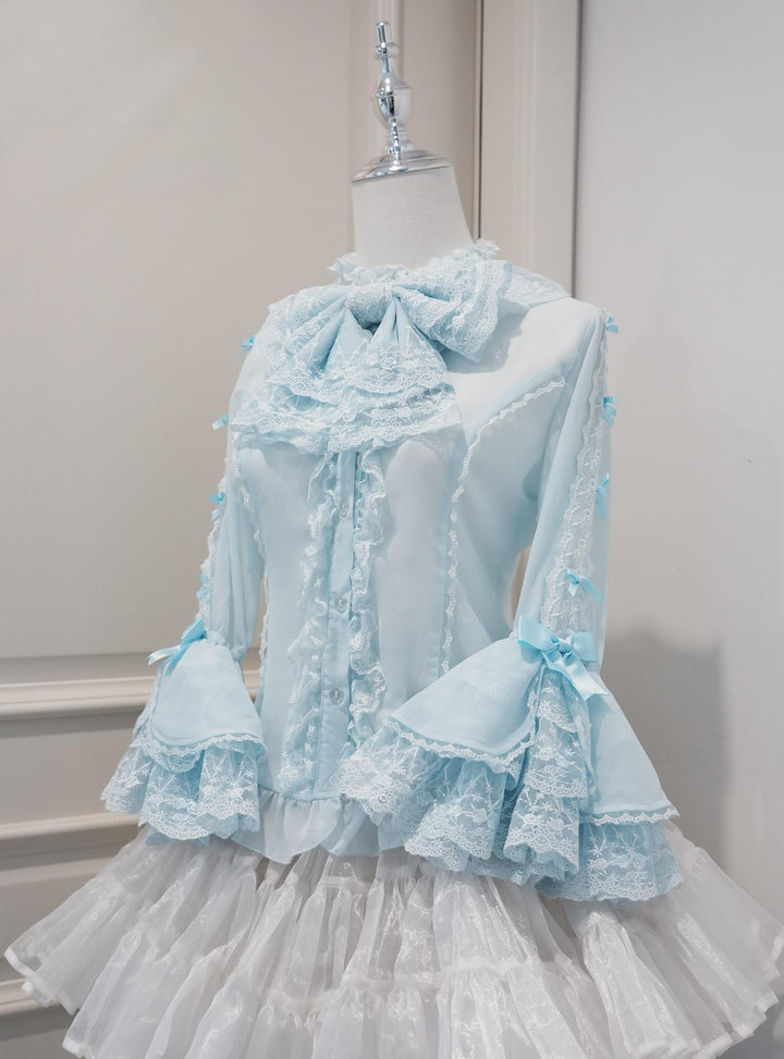 Mengfuzi~Dream Paradise~Chiffon Sweet Lolita Blouse With Half Princess Sleeves Blue Shirt + Bow Tie S