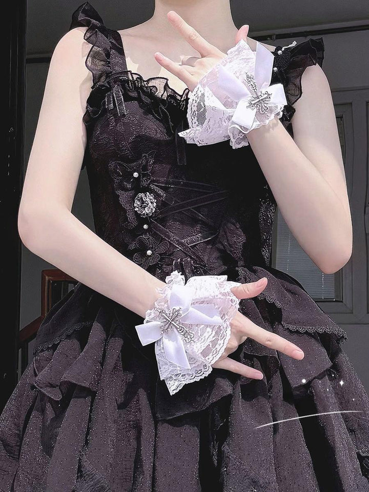 Hua Nai Cat~Gothic Lolita Cuffs with Cross Black and White Hand Sleeve   