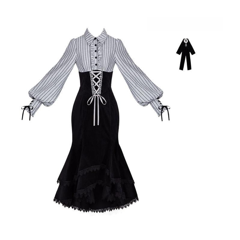 Dusk Moment - Classic Lolita Striped OP & Mermaid Dress Set, Fishbone Waist (L M S) 44498:810761