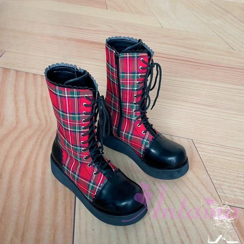 Antaina~Daily Lolita High Platform Shoes Customized Lolita Boots Red plaid version (3cm front / 6cm back) 33