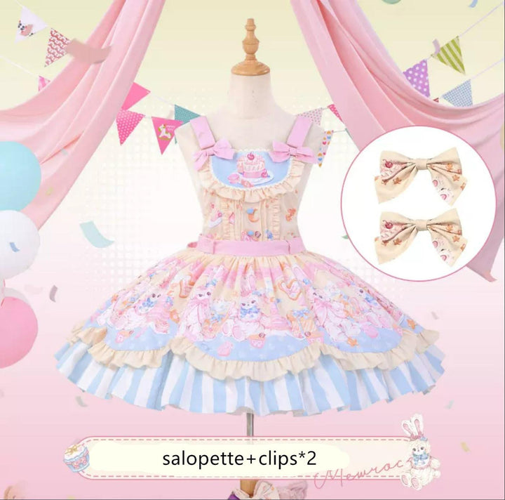 Mewroco~Party Bunny~Sweet Lolita Salopette Cute Daily Lolita Dress S Salopette+ A Pair of Side Clips