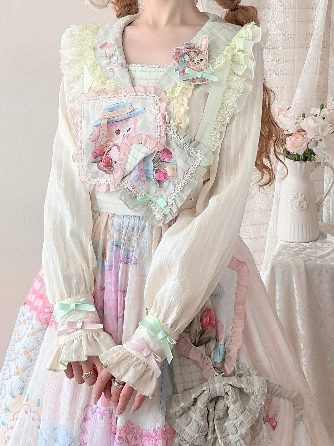 Mewroco~Country Patchwork~Sweet Lolita Dress Set Print OP SK Shirt and Camisole