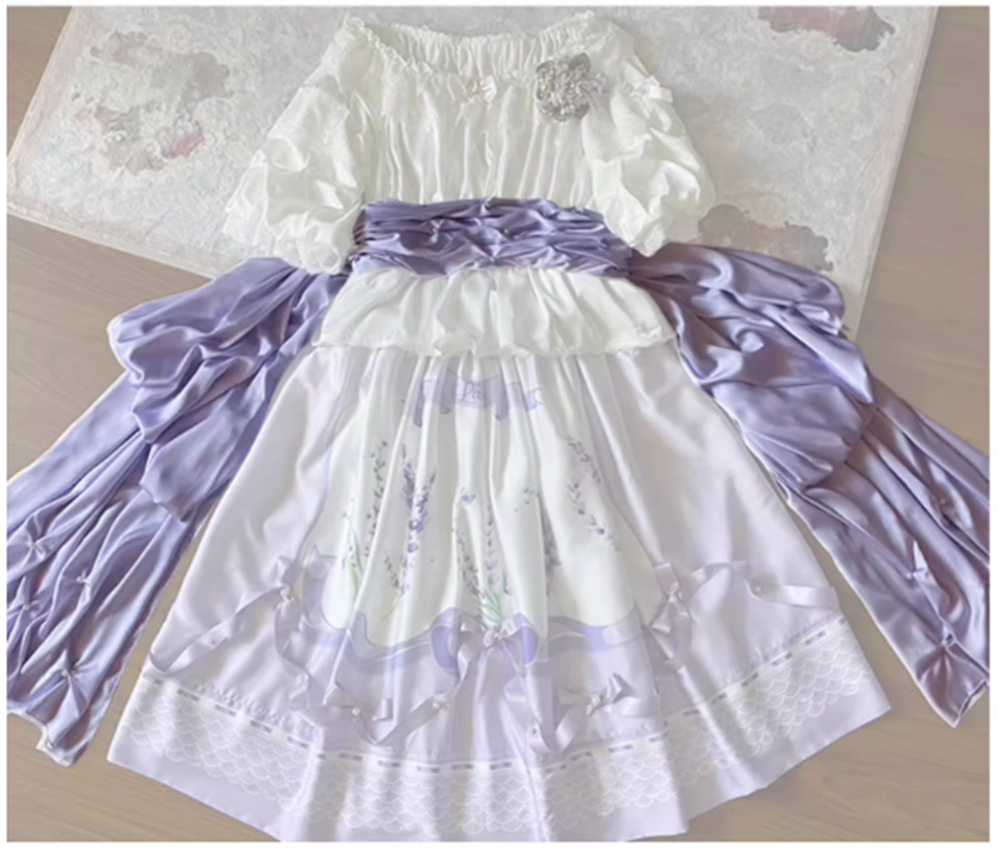(Buyforme)Yolanda~ Lavender Smoke Floral OP Dress SK and Blouse S waistband only 