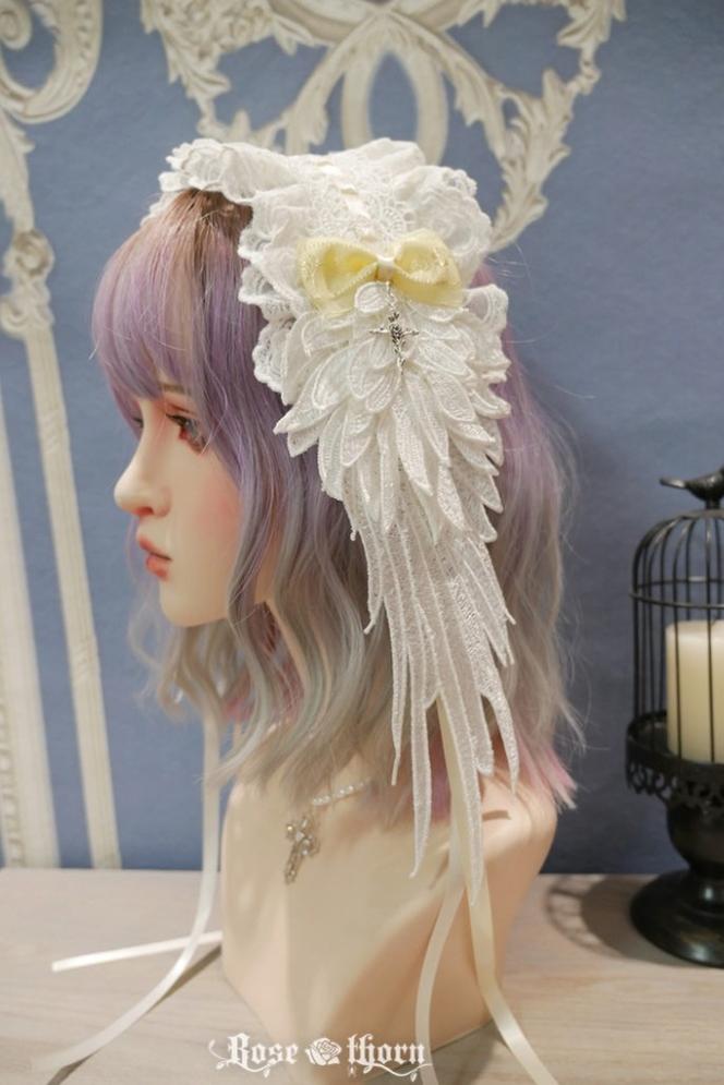 Rose Thorn~Angel Wings~Embroidered Crafted Headband Elegant Lolita Hair Accessories White + ivory  