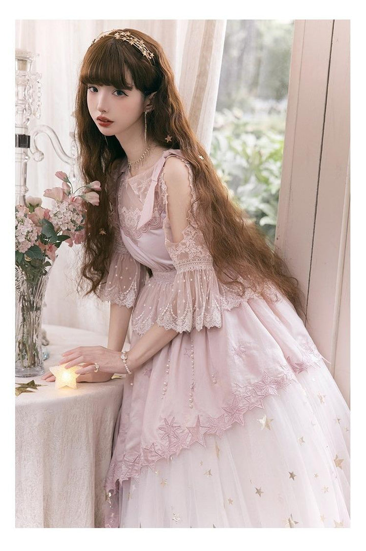 Nikki Tomorrow~Stars Descending~Pink Classic Lolita OP Mesh Embroidery Dress