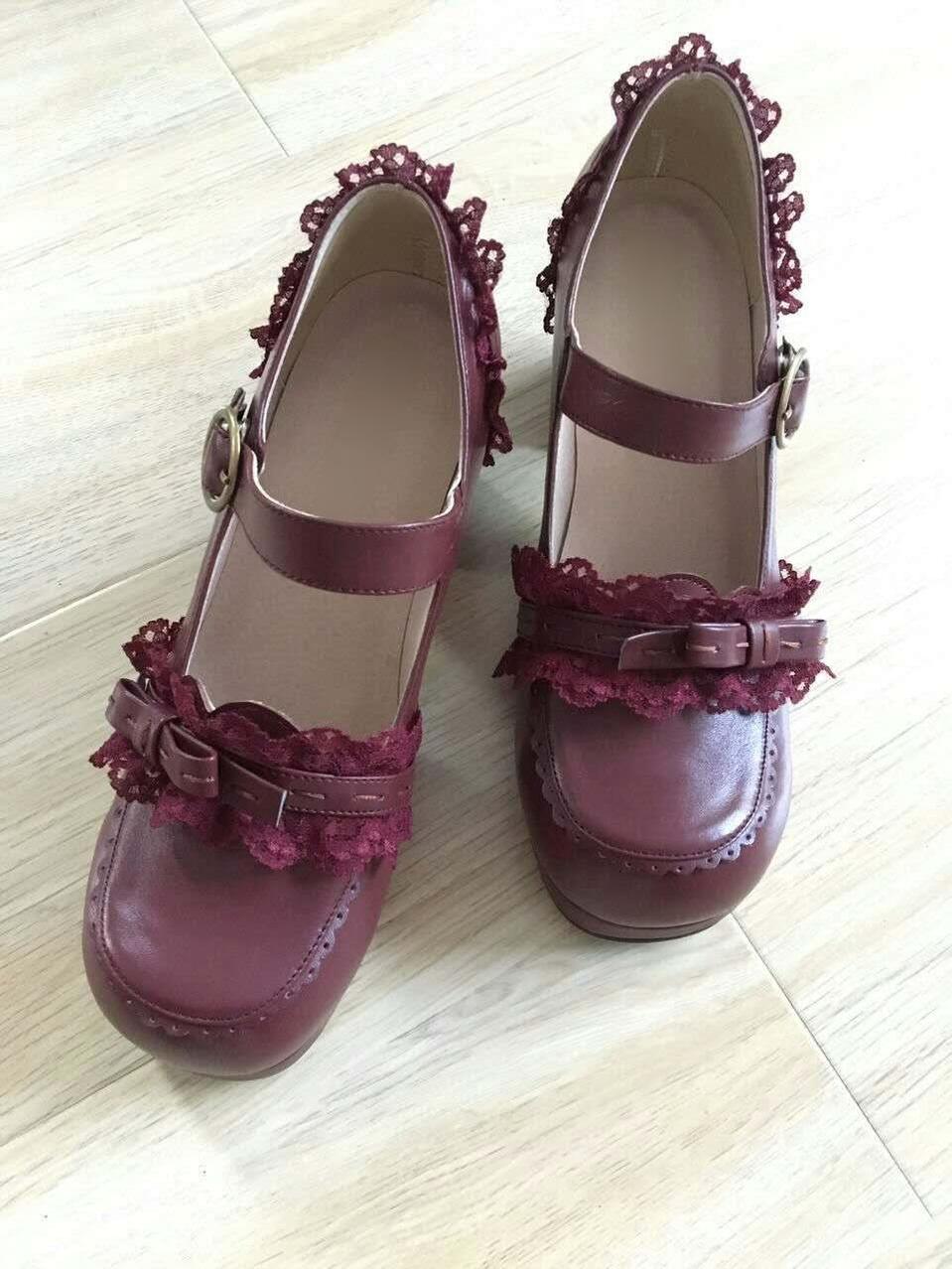 Bow Lace Customized Lolita Shoes 34 wine red