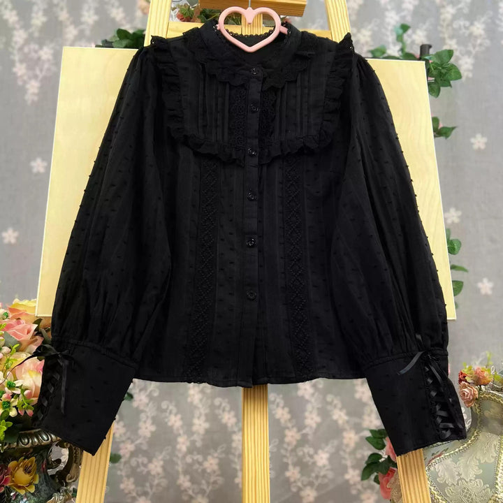 DMFS Lolita~Sweet Lolita Blouse Cotton Summer Short Sleeve Shirt S Black long sleeves - stand collar 