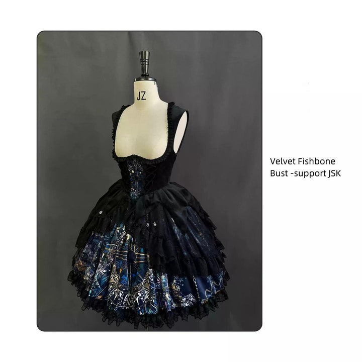 SUSIN~Night Traveler~Classic and Elegant Gothic Dress with Colorful Window Prints M Velvet Fishbone Bust -support JSK only 