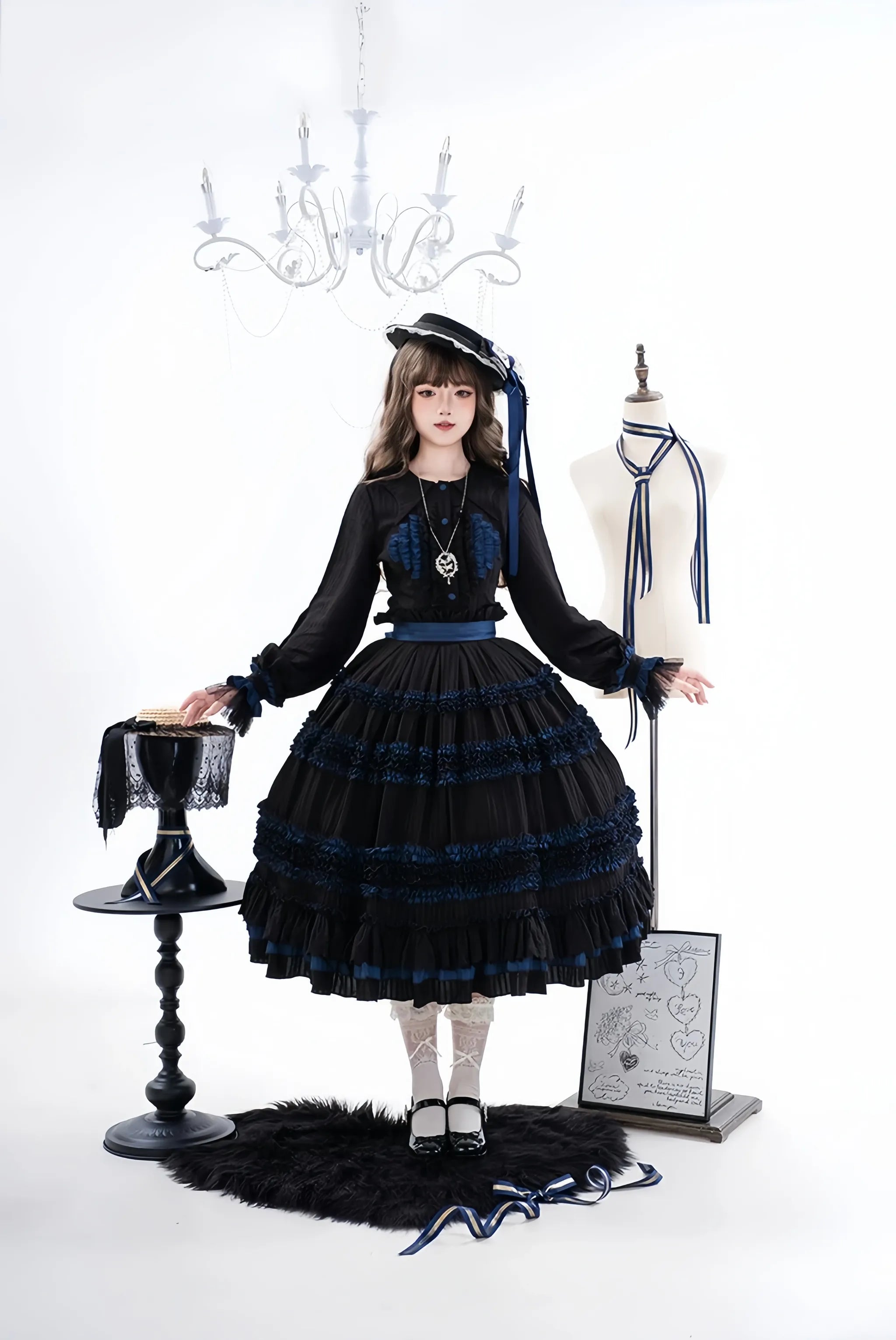 Wings and Bouquet - Dark Classic Lolita Blouse and SK Set, Layered Blue Ruffles (L M S XL XS) 45680:858352