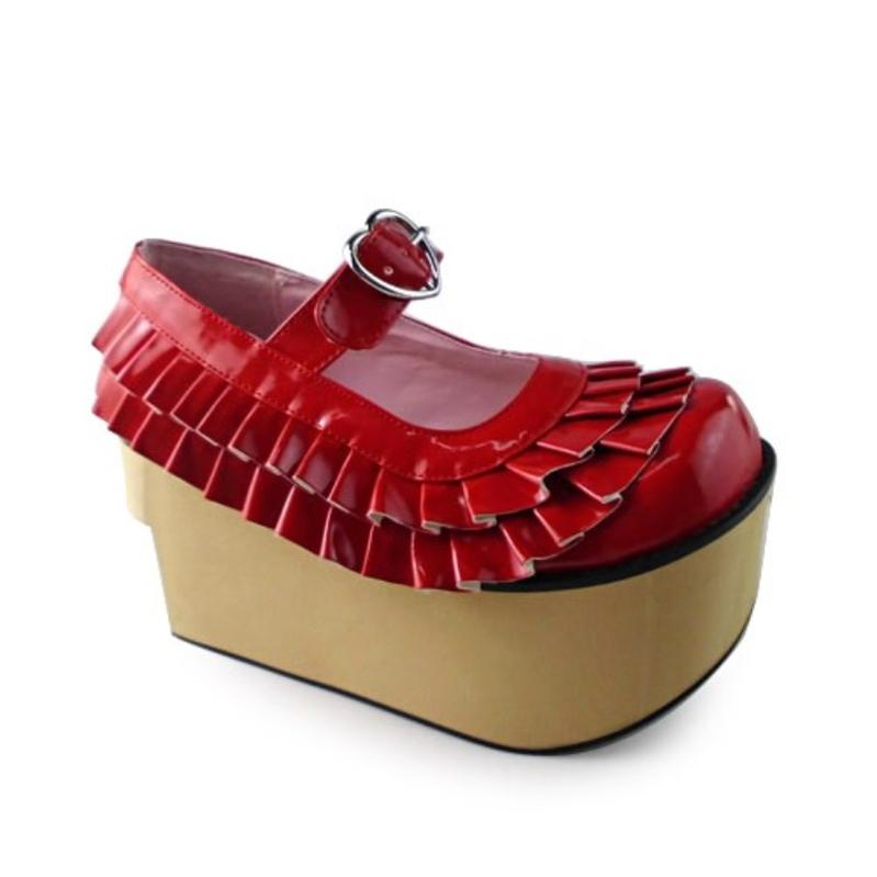 Antaina~Sweet Lolita Platform Shoes Lotus Leaf Edge Multicolor 35 Red Mirror [9cm at the back 7cm at the front] 