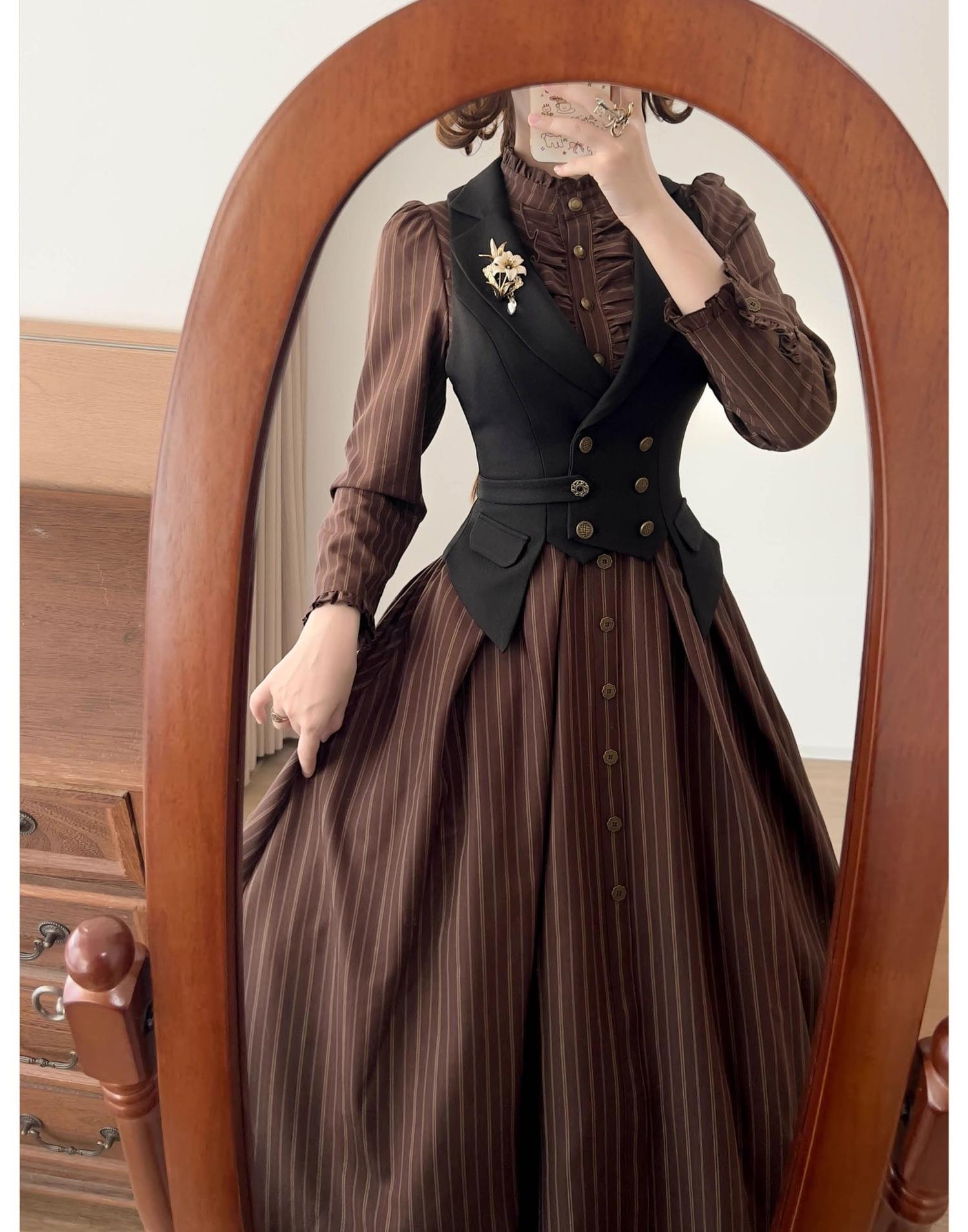 Forest Castle - Classic Lolita Long Striped Dress, Irregular Hem Vest 44441:809893