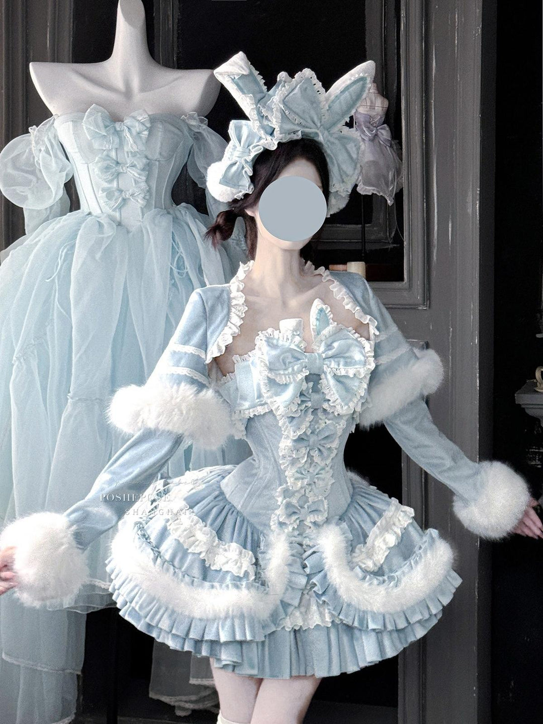 POSHEPOSE~Chuling Swan Lake~Sweet Lolita JSK Set Velvet Blue Dress for Prom