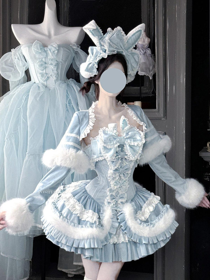 POSHEPOSE~Chuling Swan Lake~Sweet Lolita JSK Set Velvet Blue Dress for Prom