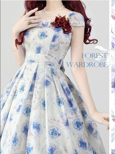 Forest Wardrobe~Forest Basket 3.0~Vintage Lolita JSK Dress Summer Thin Dress S blue rose 