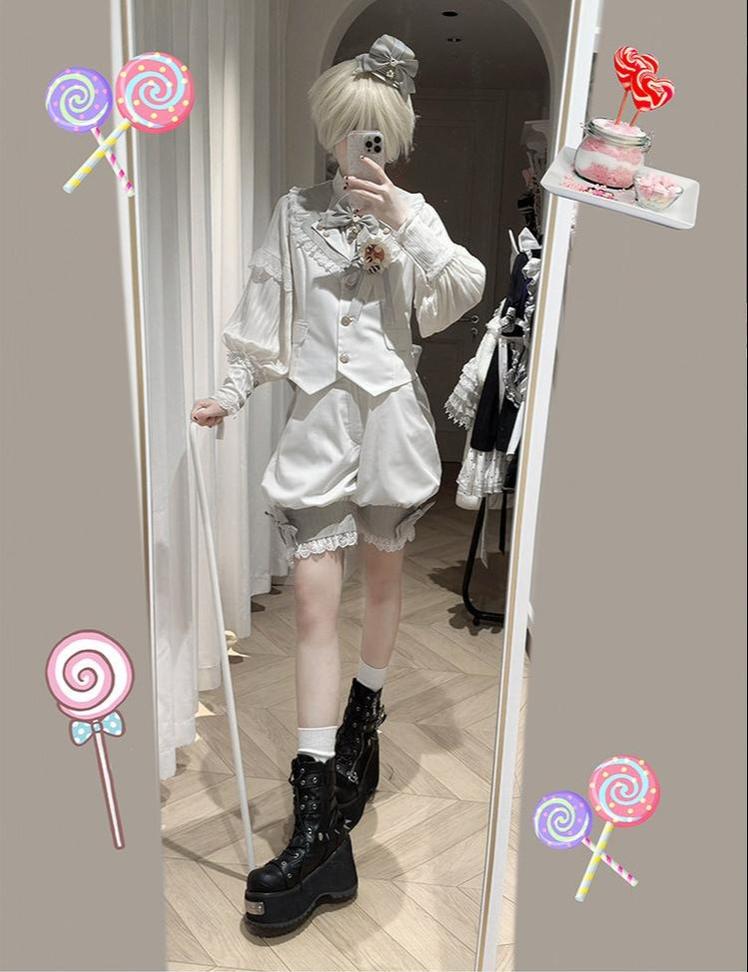 Candy Shop - Ouji Lolita Vest Set, Ruffle Hem Bow Shorts 45061:832838