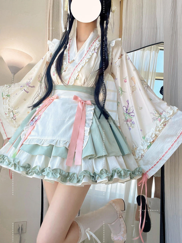 Qianmu~Little Herbalist~Han Lolita Skirt Outfit with Cross-collar Blouse and Apron