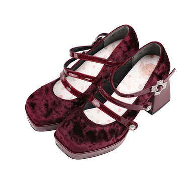 Pure Tea For Dream~Vintage Lolita Velvet Bow High-heel Shoes 35 velvet wine red (without bow) 