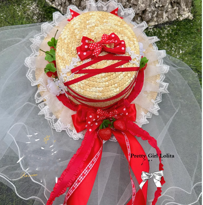 Pretty Girl Lolita~ Sweet Lolita Red Strawberry Headdresses a round straw hat  