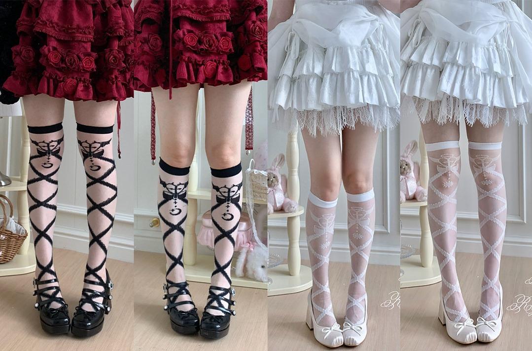 Lolita Cross Printed Socks with Layered Lace Trim Cuff 45516:852725