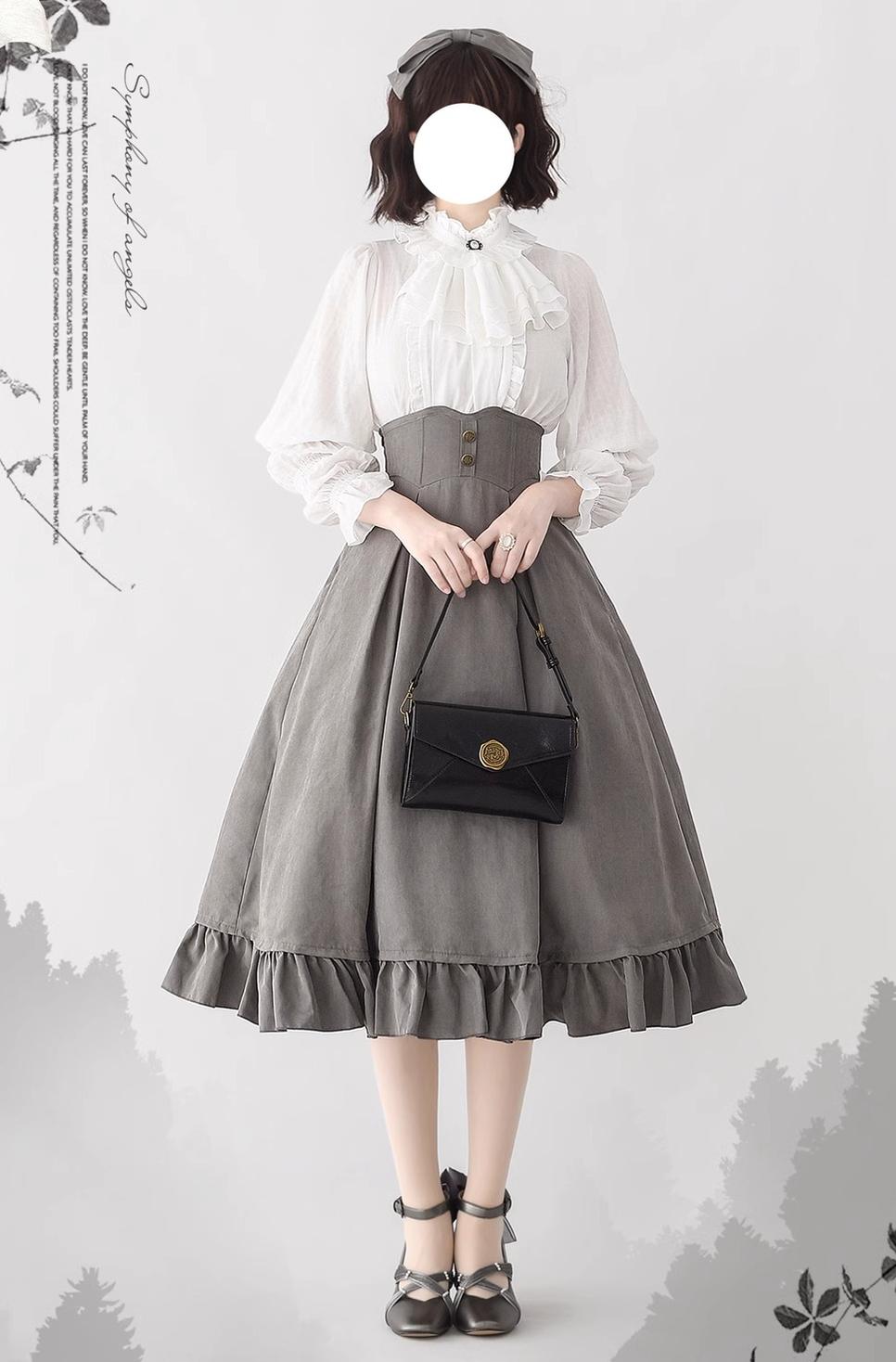Forest Wardrobe - Misty Forest - Elegant Vintage Fishbone Lolita Long Skirt & Vest S Pottery Gray Skirt