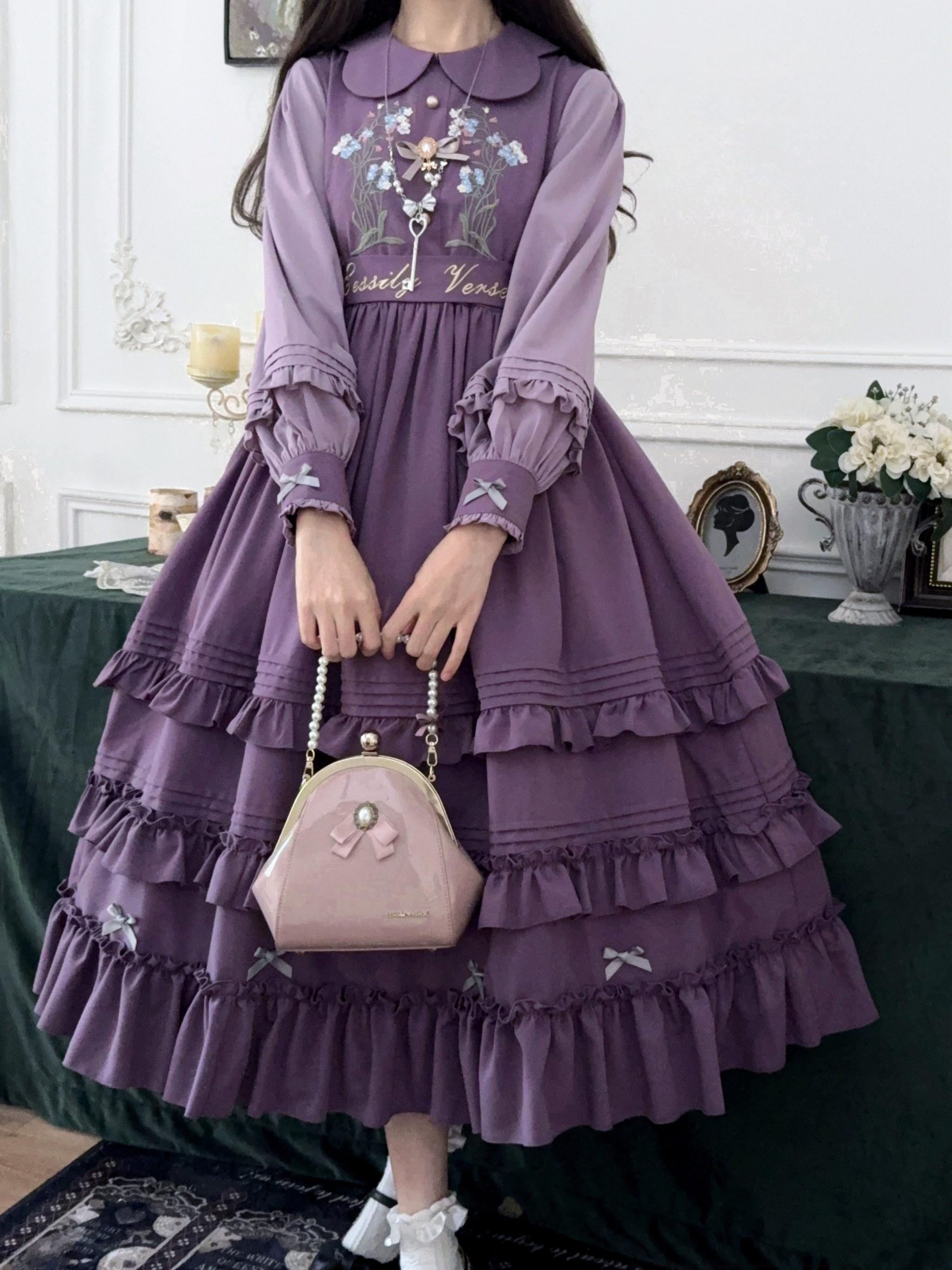Verdant Name - High-waisted Classic Lolita Dress, Embroidered Bellflower Purple Dress Only S
