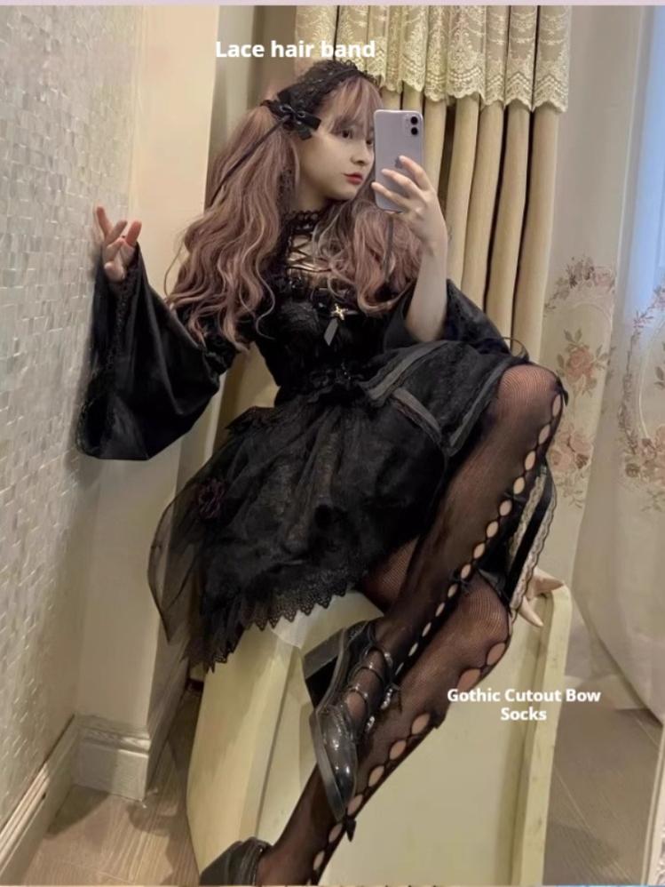 Doujiang~Rose Cage~Gothic Lolita Dress Black Suspender Dress Free size Suspender dress+pantyhose 