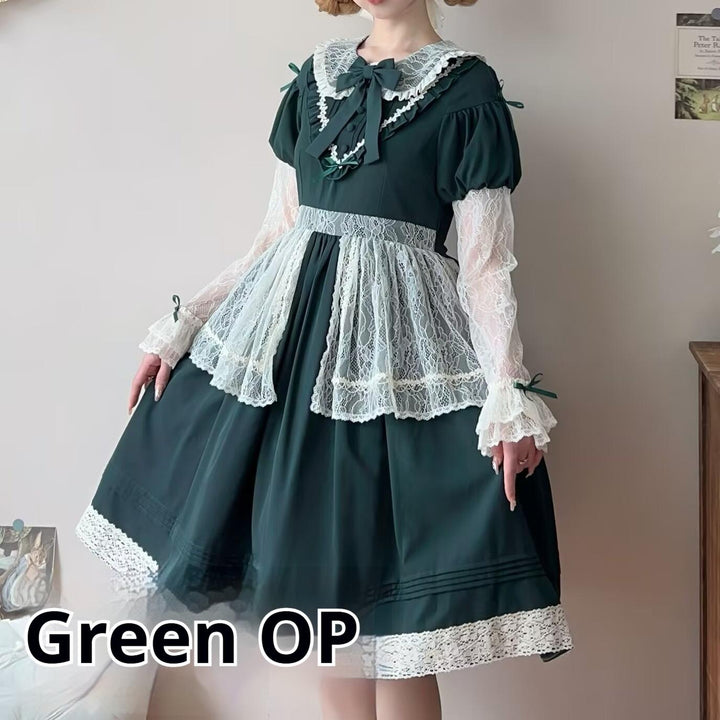 Uncle Wall Original~Mist among Flowers~Sweet Lolita OP Ruffles Lolita Apron and KC Green OP Only S