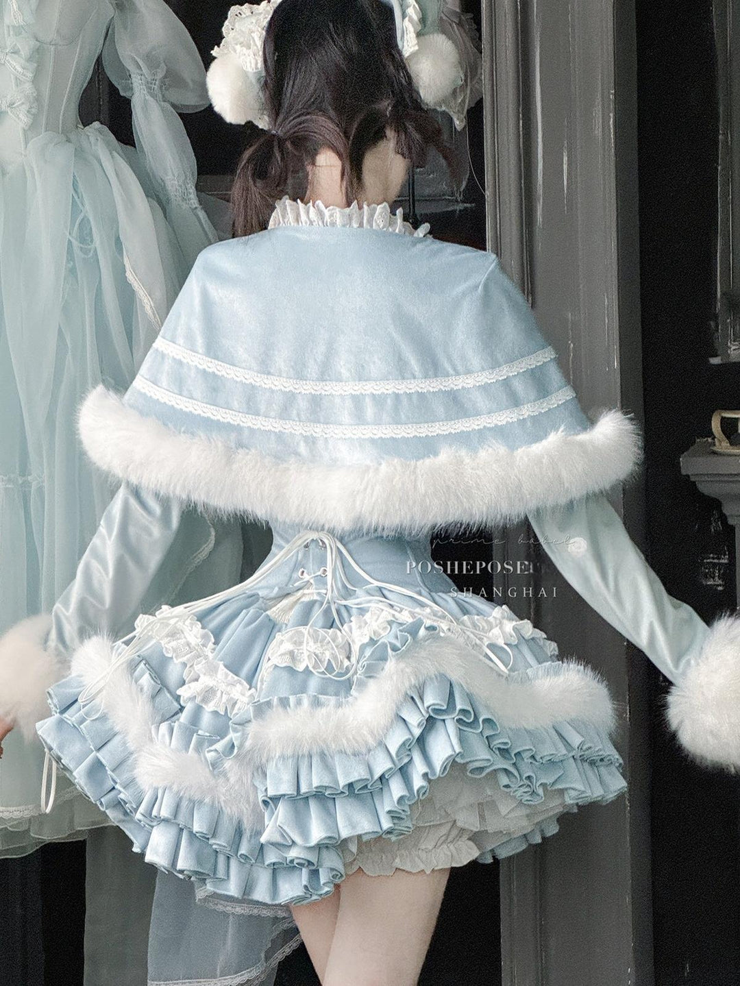 POSHEPOSE~Chuling Swan Lake~Sweet Lolita JSK Set Velvet Blue Dress for Prom
