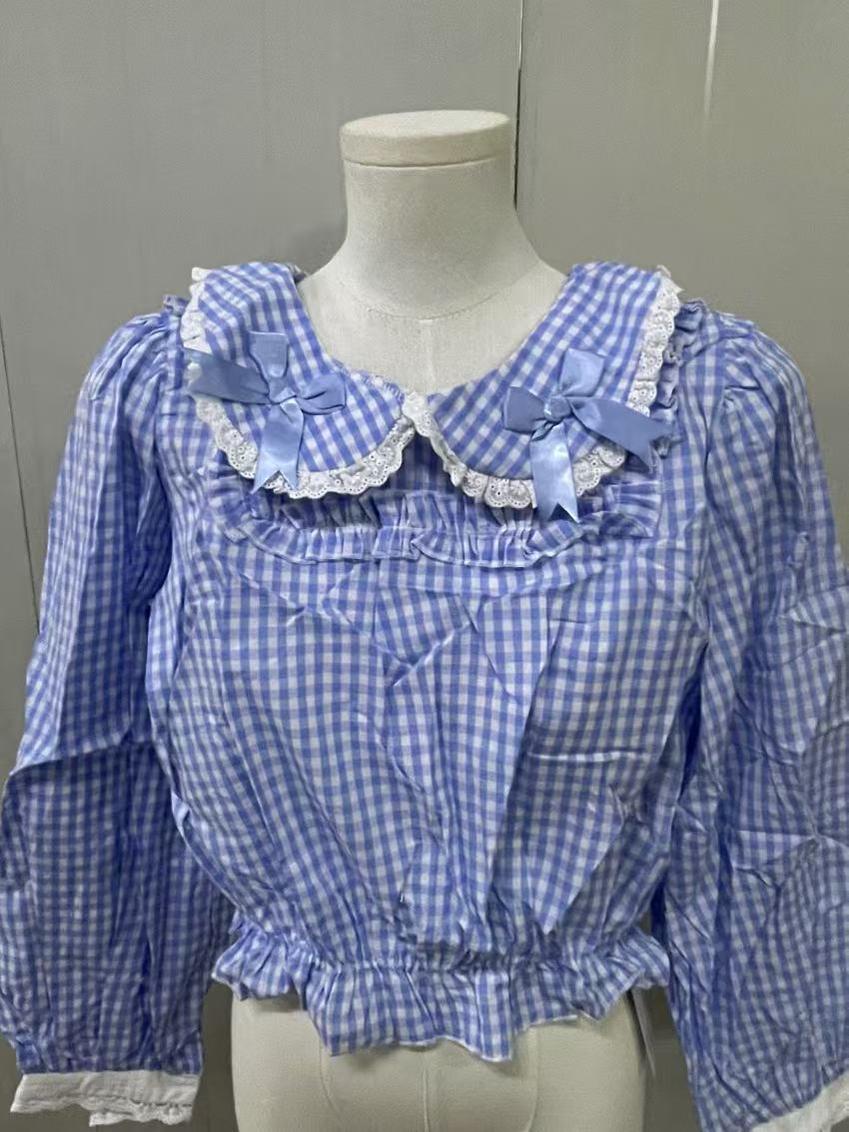 42Lolita Clearance Items Collection #33-Blue plaid long sleeve blouse - M